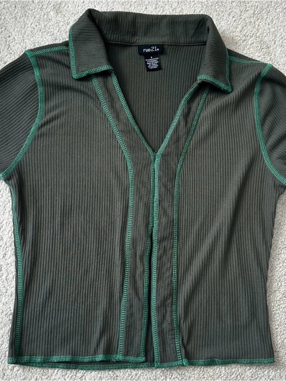 rue21 Olive Green Ribbed Polo Shirt with Contrast Trim